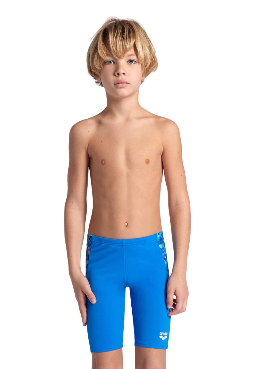 Boy wearing Arena Boys Pool Tiles Jammer - Black / Blue Multi - Front view