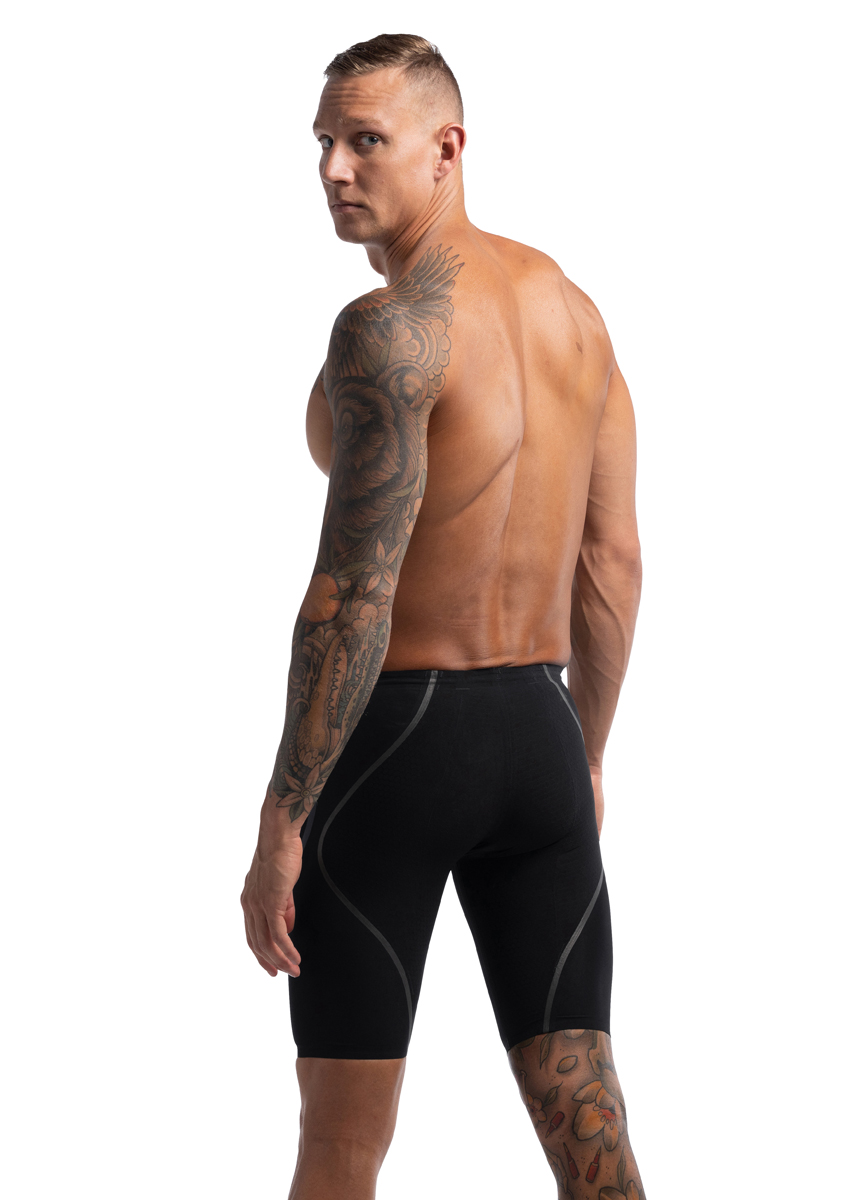 Man wearing Speedo Fastskin LZR Pure Intent 2.0 Backstroke Edition High Waist Jammer - Black / Iridescent -Front view