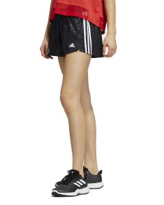 Front view of woman wearing Adidas Women's Pacer 3 Stripe Camo Shorts - Black