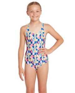 Girl wearing Zoggs Girls Flowerpatch Rowleeback Swimsuit - Front view
