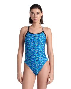 Lady wearing Arena Pool Tiles Challenge Back Swimsuit - Black / Blue Multi -Front view