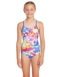 Girl wearing Zoggs Girls Jigsaw Starback Swimsuit - Front view