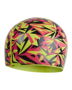 Front view of Speedo Boom Junior Silicone Cap - Black/ Electric Pink/ Atomic Lime
