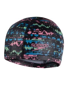 Front view of Speedo Junior Printed Pace Cap - Black/ Lapis Blue/ Neon Fire