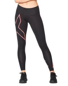 2XU Women's Light Speed Mid-Rise Compression Tights - Black / Cranberry Reflective
