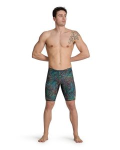 Front view of man wearing Arena Overview Swim Jammer - Black/Black Multi