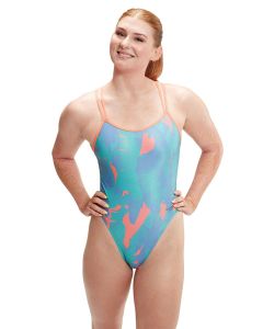 Speedo Allover Digital Starback Banana Leaf Swimsuit - Blue / Pink