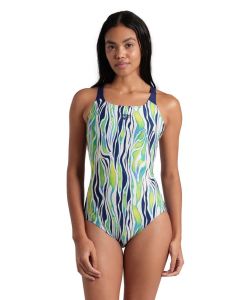 Girl wearing Arena Zebra Stripes Swim Pro Back Swimsuit - Multi / Navy - Front view