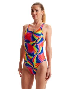Side view of Speedo Placement Digital Powerback Swimsuit - Red / Blue