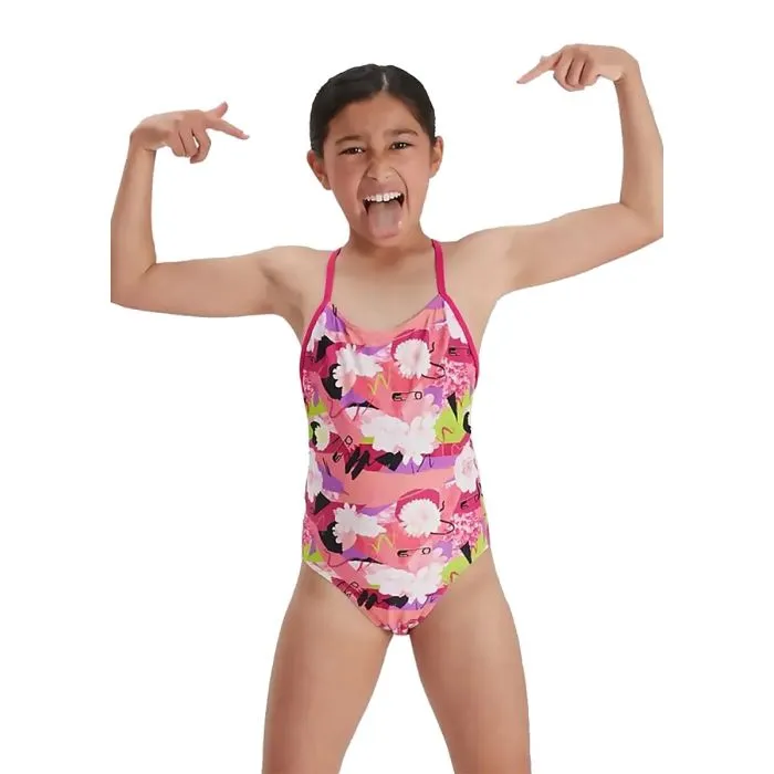 Speedo Girls' Swimsuit One Piece Thick Strap Racer Back Printed, Wavy