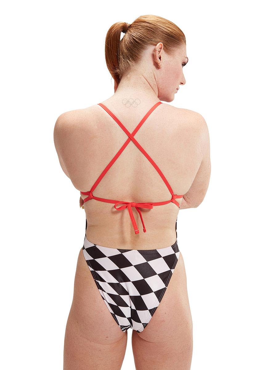 Speedo Allover Digital Tie Back Chequered Flag Swimsuit - Black / White