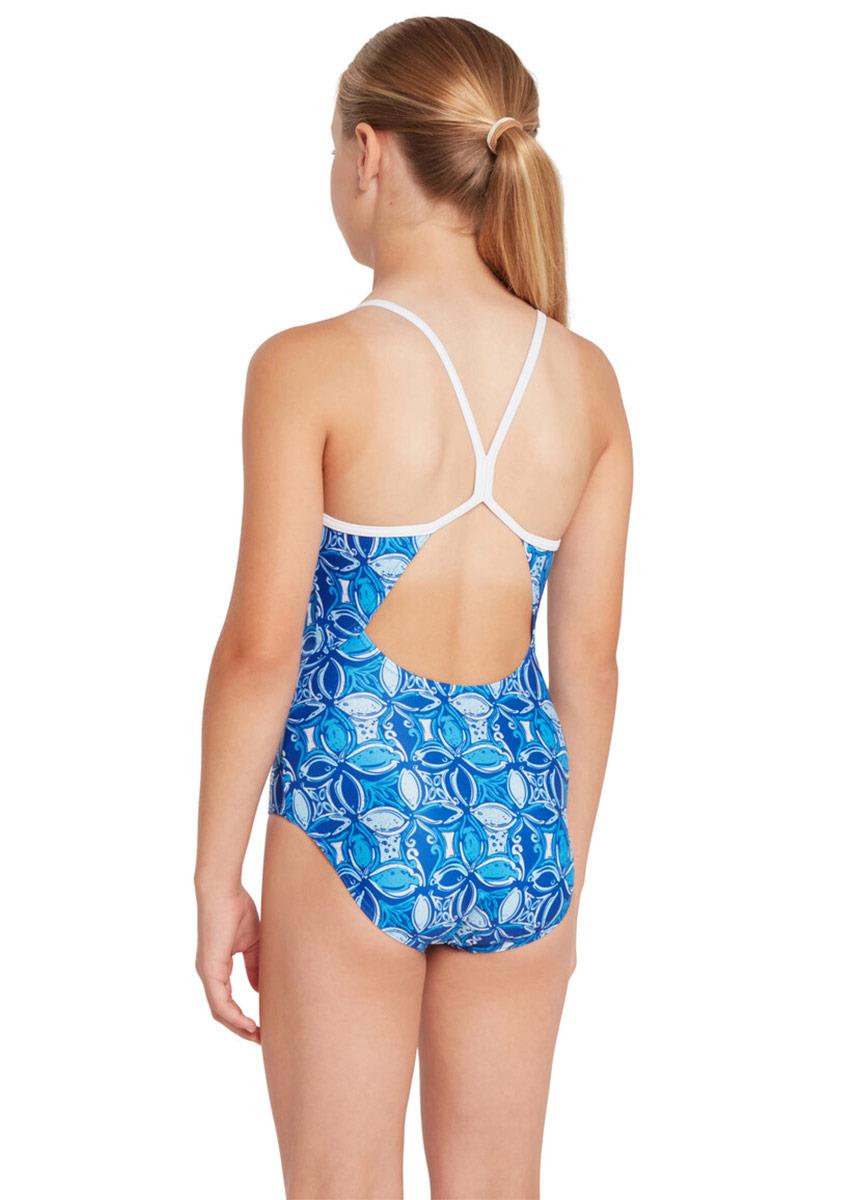 Girl wearing Zoggs Girls Blue Fish Sprintback Swimsuit - Front view