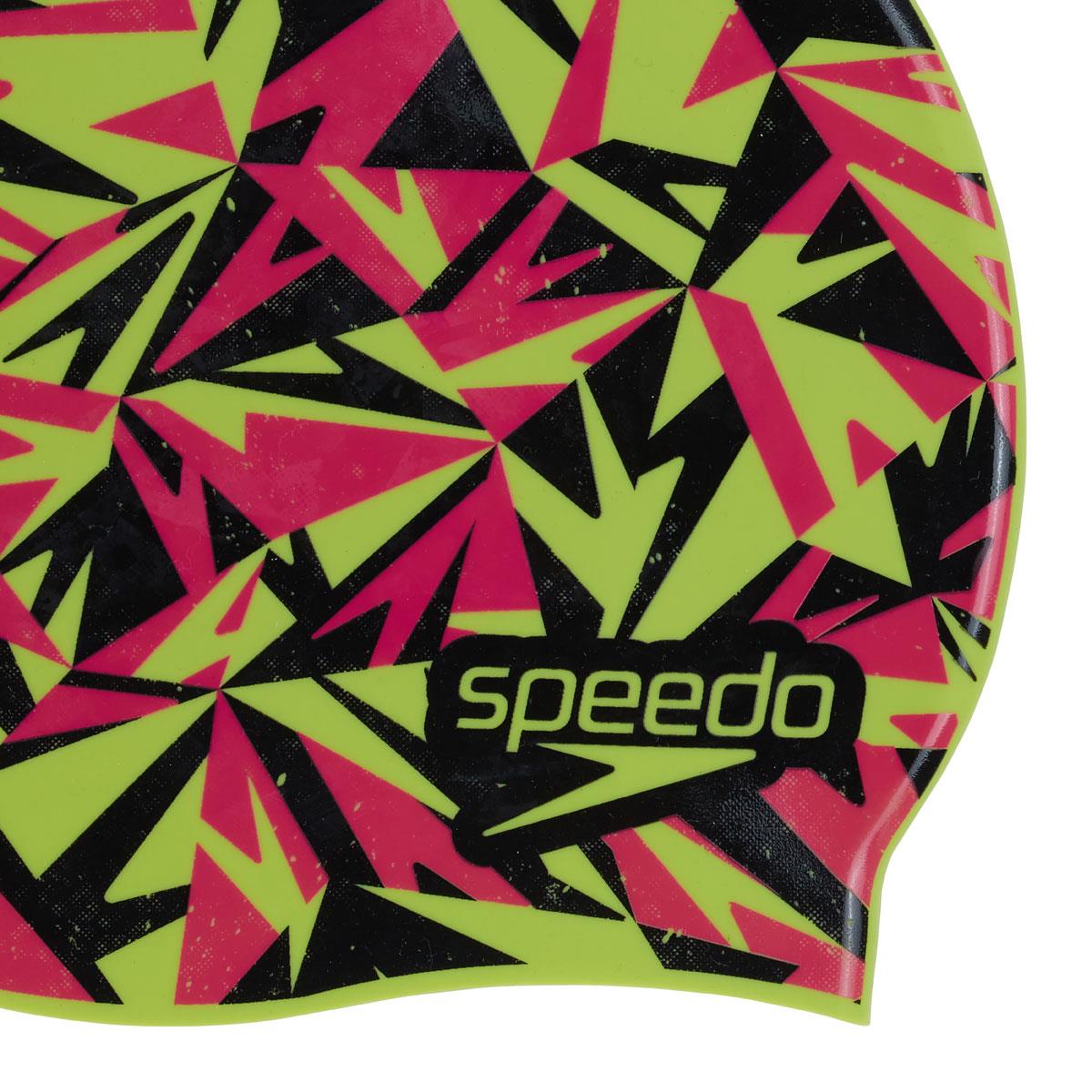 Front view of Speedo Boom Junior Silicone Cap - Black/ Electric Pink/ Atomic Lime