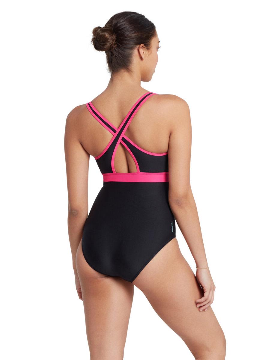 Zoggs Dakota Crossback Swimsuit - Black / Magenta -Front view