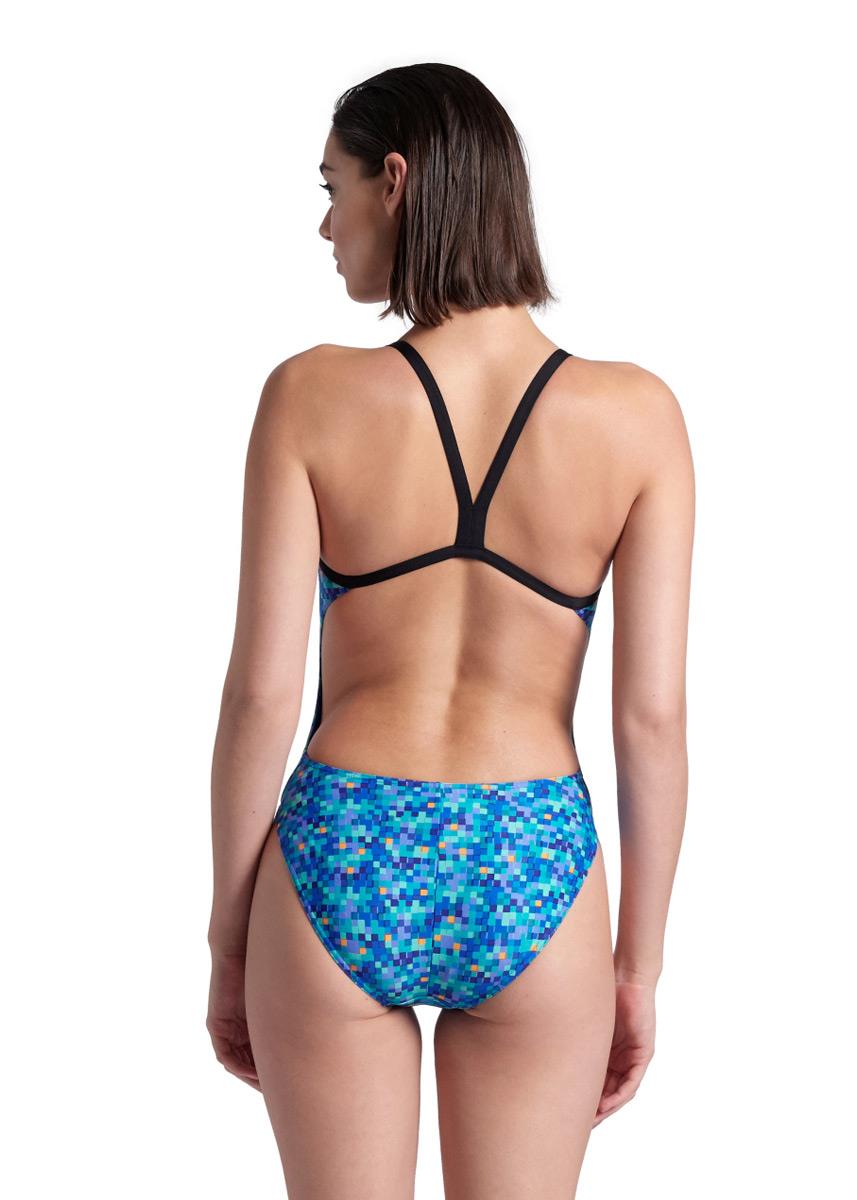Lady wearing Arena Pool Tiles Challenge Back Swimsuit - Black / Blue Multi -Front view
